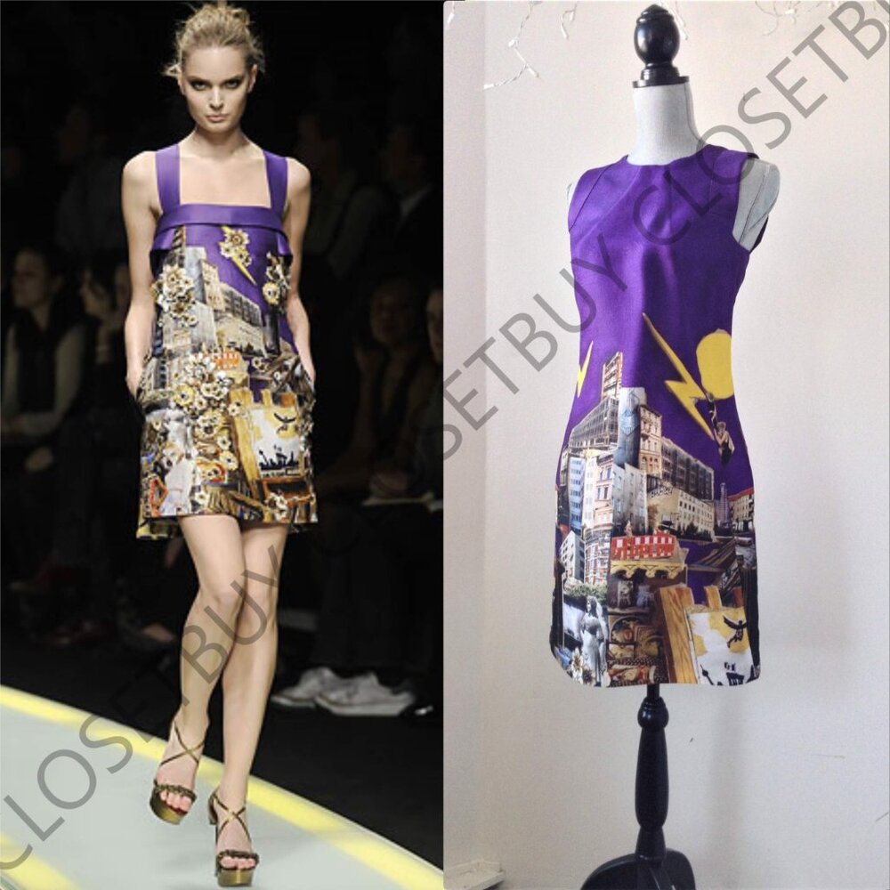 VERSACE Berlin Skyline Art Print Gazar Tim Roeloffs PURPLE SILK SHEATH DRESS 40